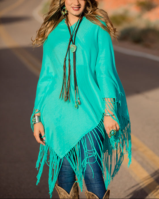 Fringe Poncho - Aqua