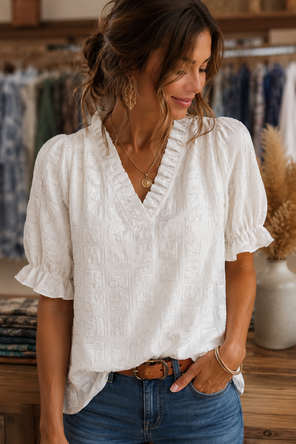 Elegant Textured Ruffle Sleeve V-Neck Top