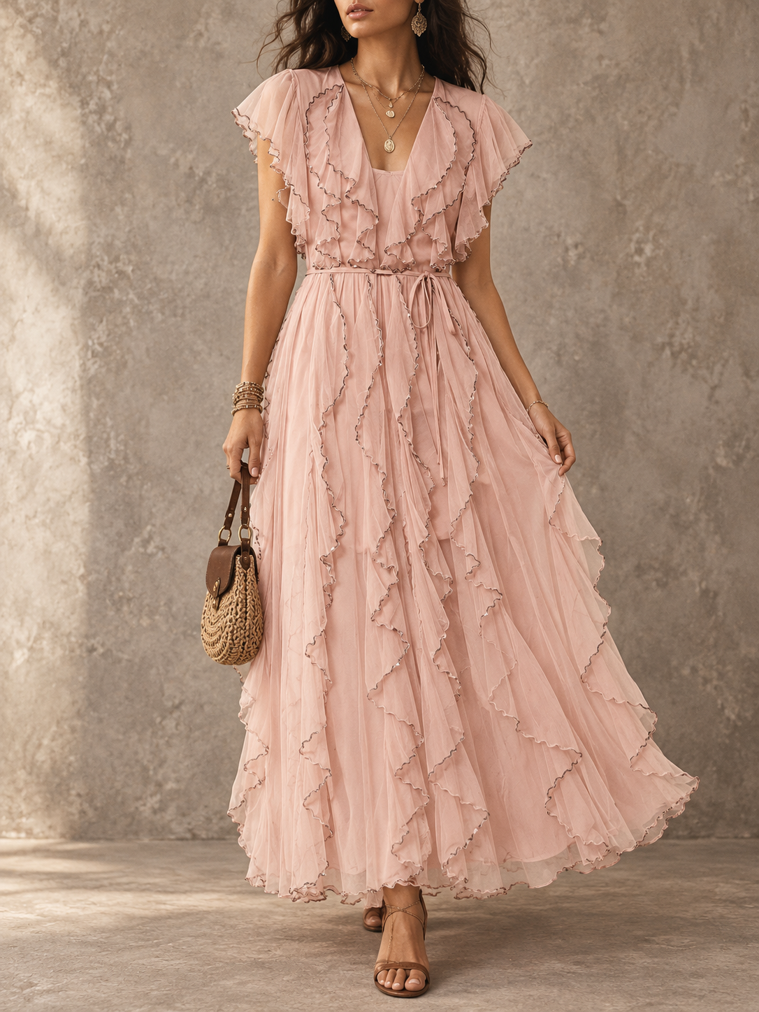 Pink Ruffle Tiered Maxi Dress