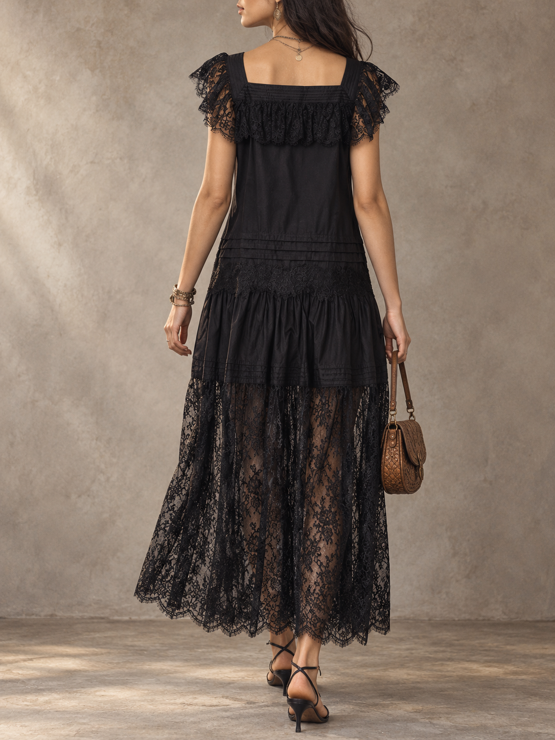Black Lace Ruffle Sleeve Midi Dress