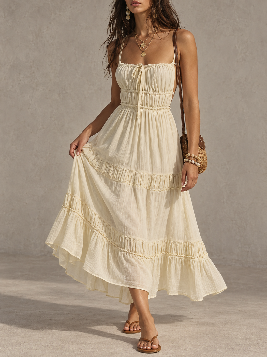 Cream Sleeveless Tiered Midi Dress