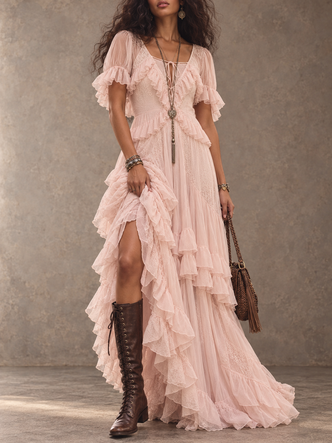 Pink Lace Ruffle High Low Maxi Dress