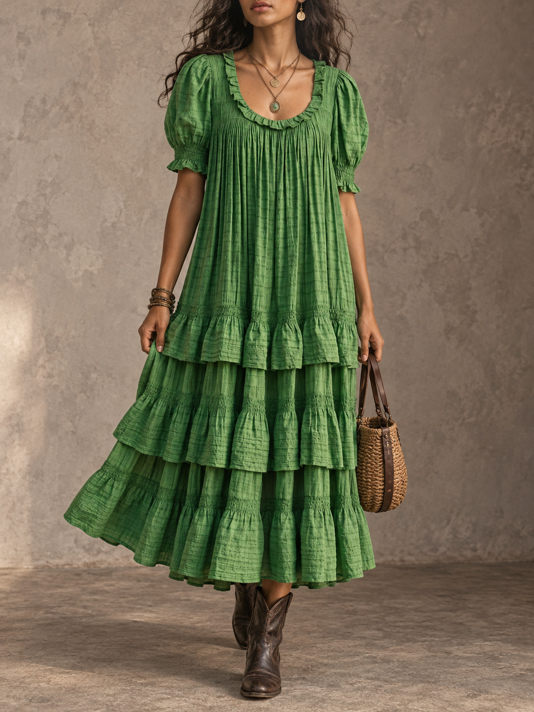 Green Tiered Ruffle Midi Dress