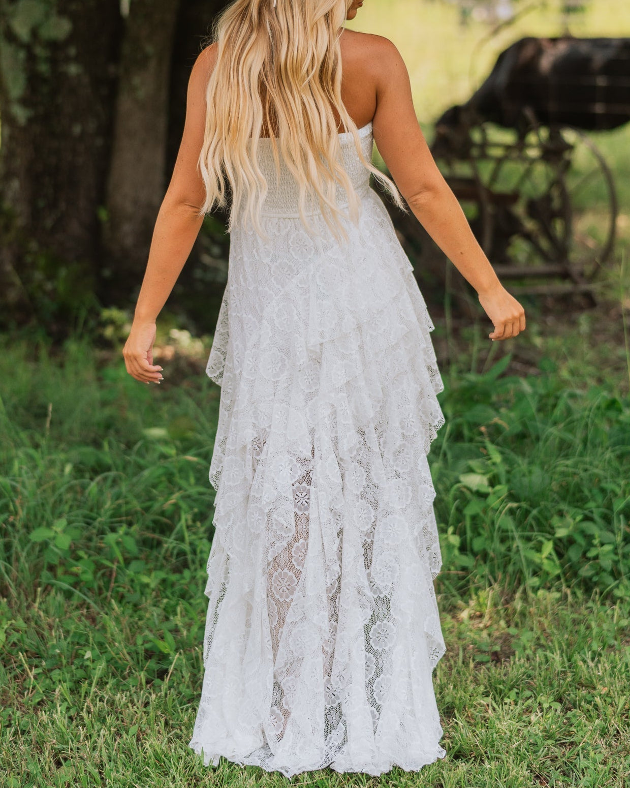 Floral Lace Ruffled High-Low Maxi Dress