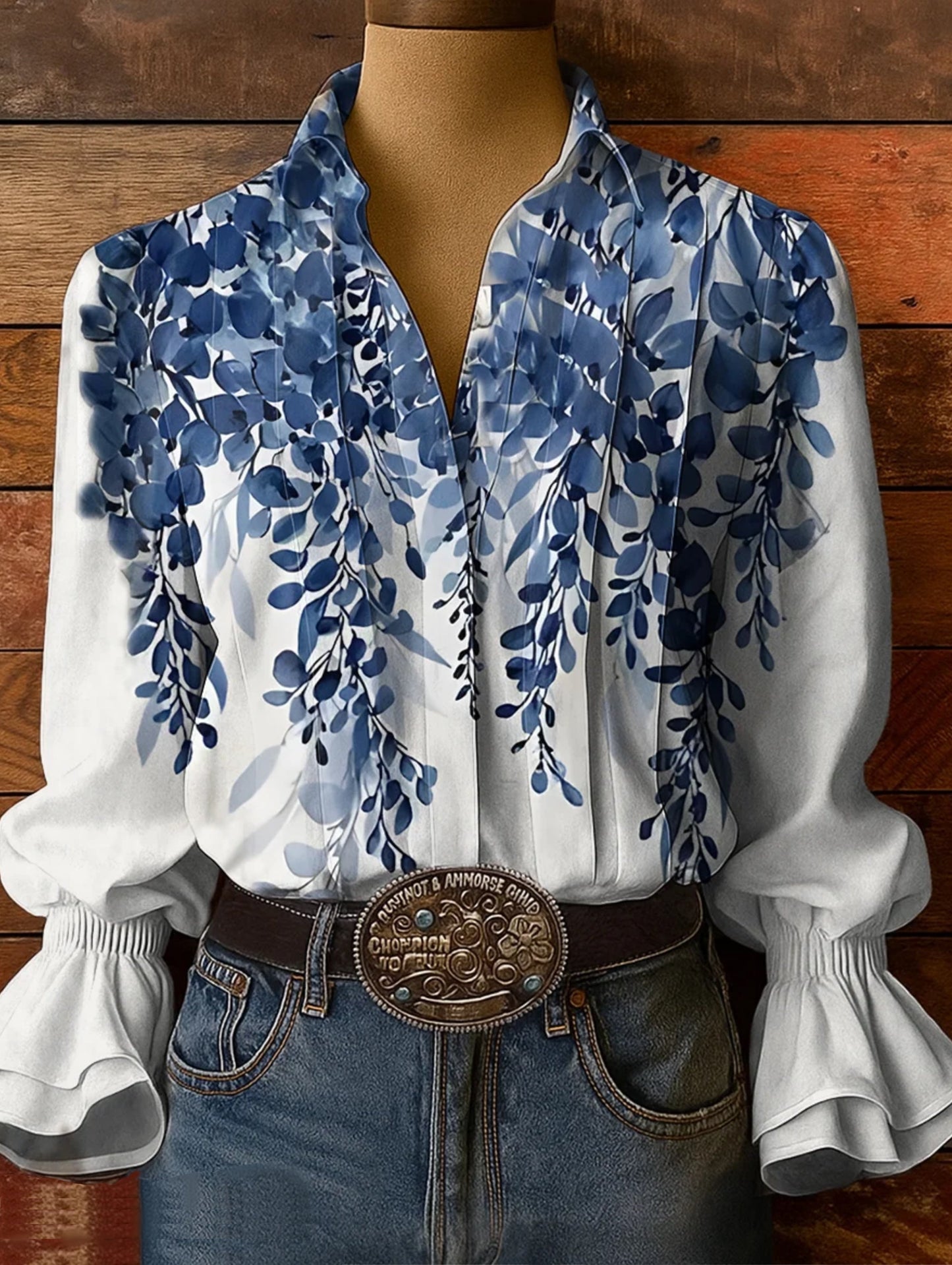 Women's Fresh Wisteria Floral Print Casual Long-Sleeve Shirt