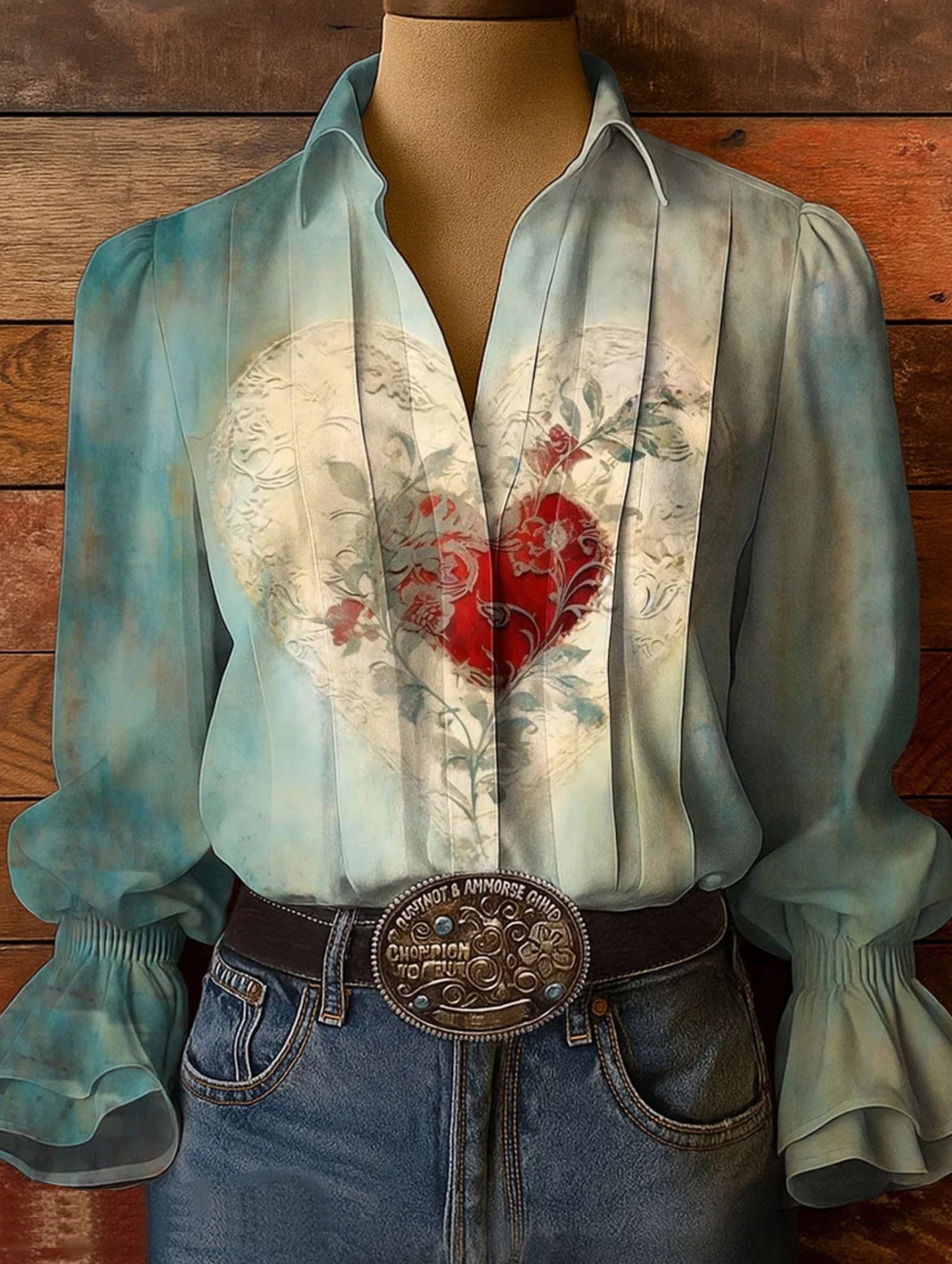 Women's Vintage Heart Pattern Art Print Casual Cotton-Linen Blend Shirt