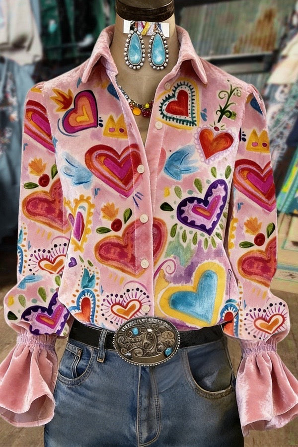 Colorful Heart Print Velvet Valentine's Day Shirt