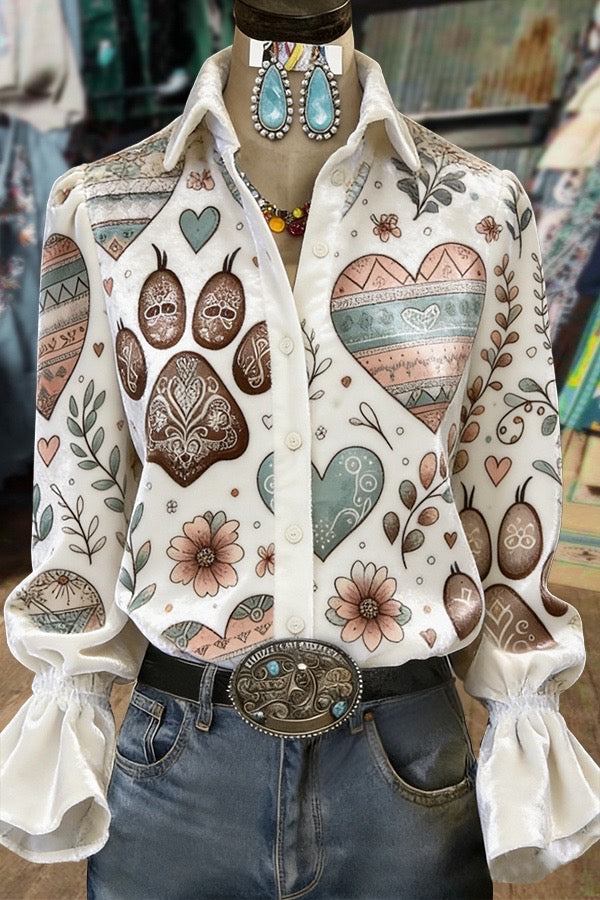 Colorful Art Heart Floral Print Velvet Valentine's Day Shirt