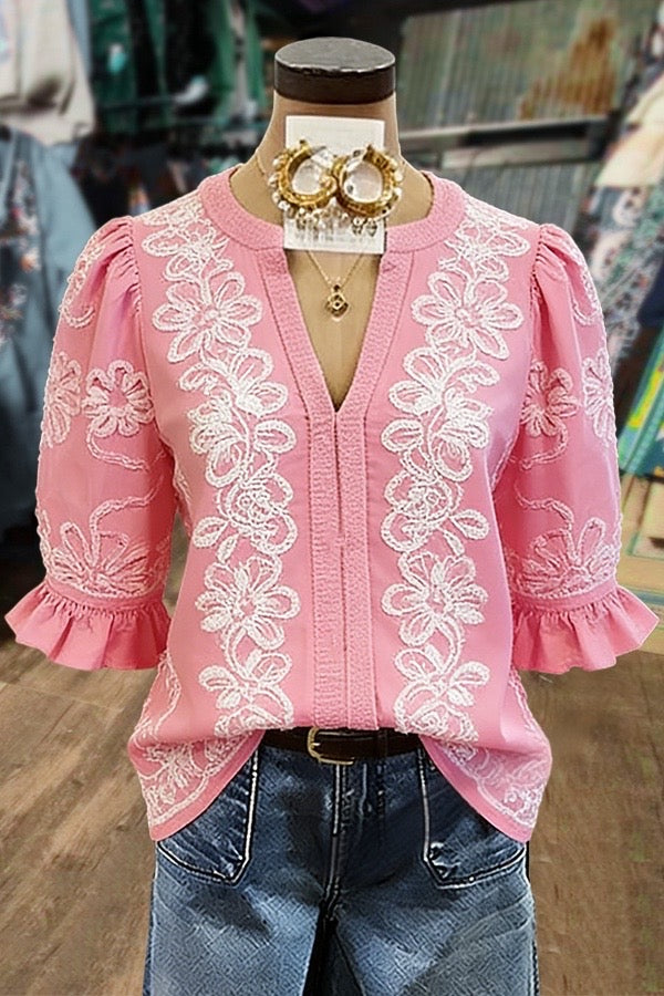 Sweet Flower Embroidered Notch Neck Puff Sleeve Top