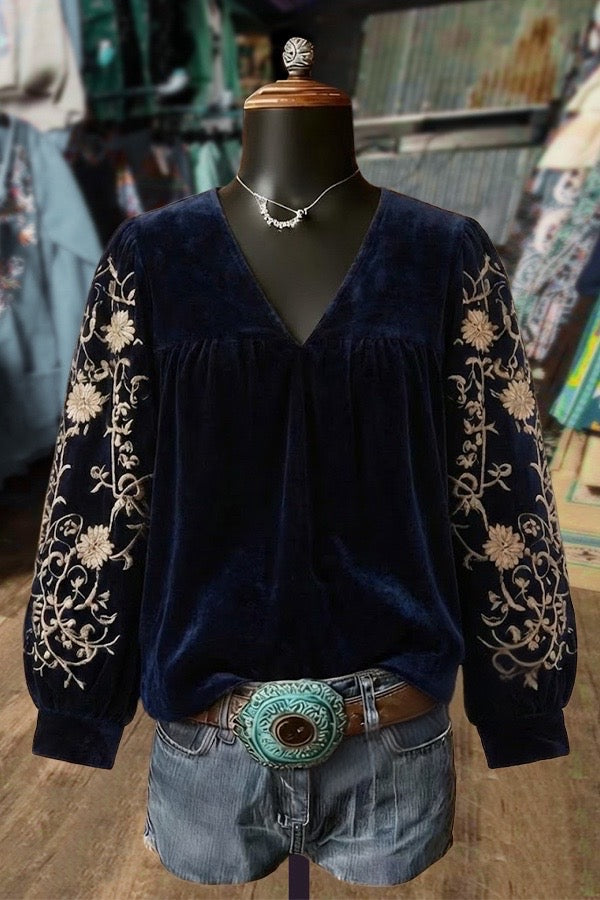 Elegant V-Neck Embroidered Flower Long Sleeve Velvet Top