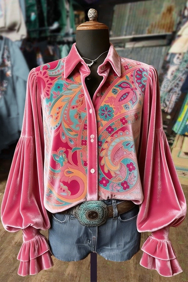 Retro Paisley Print Balloon Sleeve Velvet Top