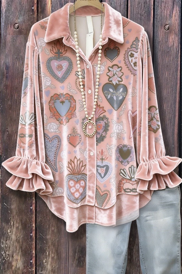 Retro Heart Print Layered Ruffle Sleeve Shirt