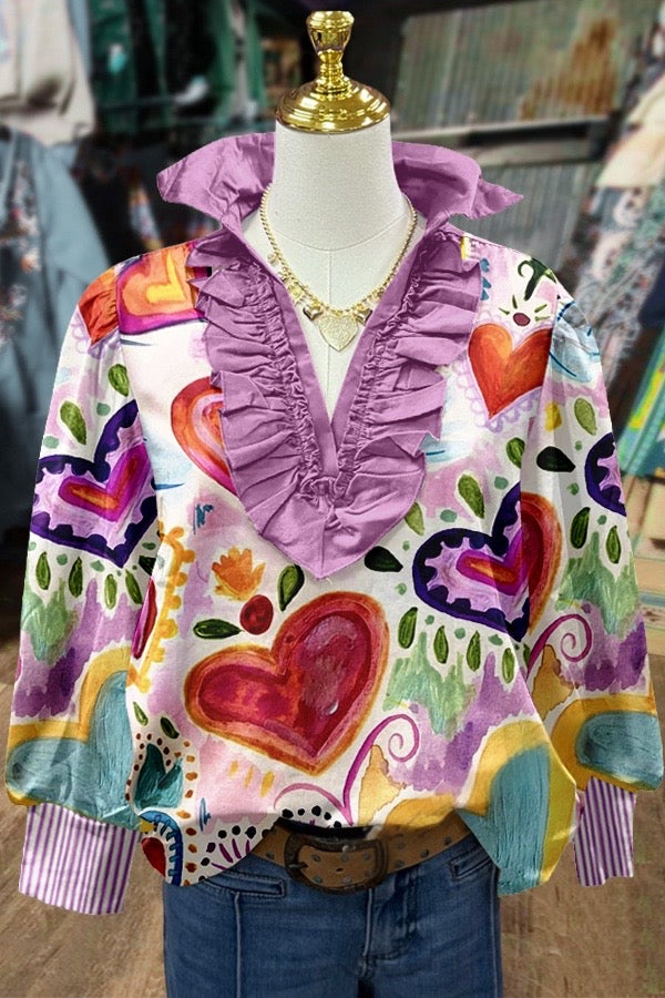 Colorful Heart Print Ruffle Neck Long Sleeve Blouse
