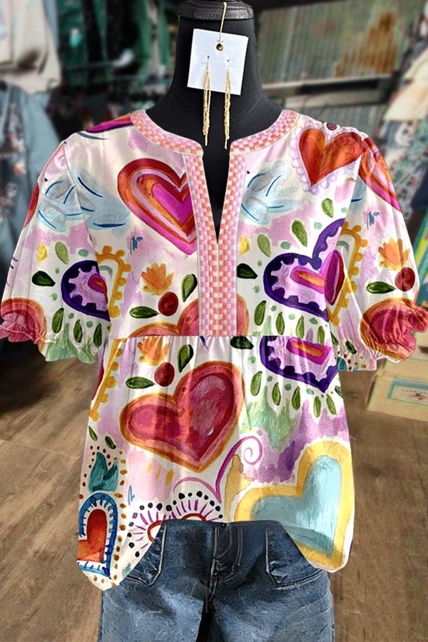 Colorful Heart Print Embroidered Split Neck Puff Sleeve Top