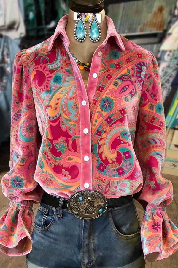 Paisley Floral Print Bell Sleeves Velvet Shirt