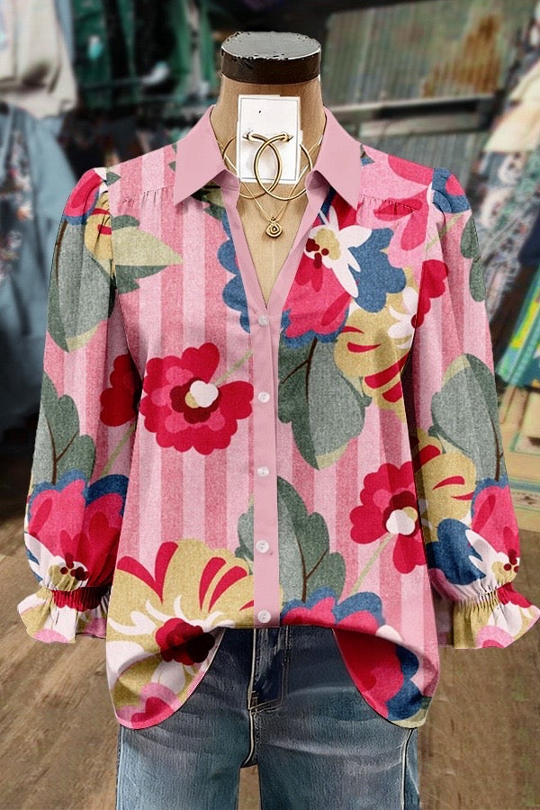 Colorful Floral Print Collared Puff Sleeve Blouse