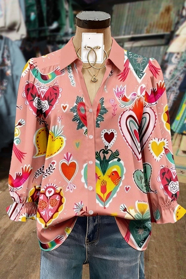 Colorful Heart Print Collared Puff Sleeve Valentine's Day Blouse