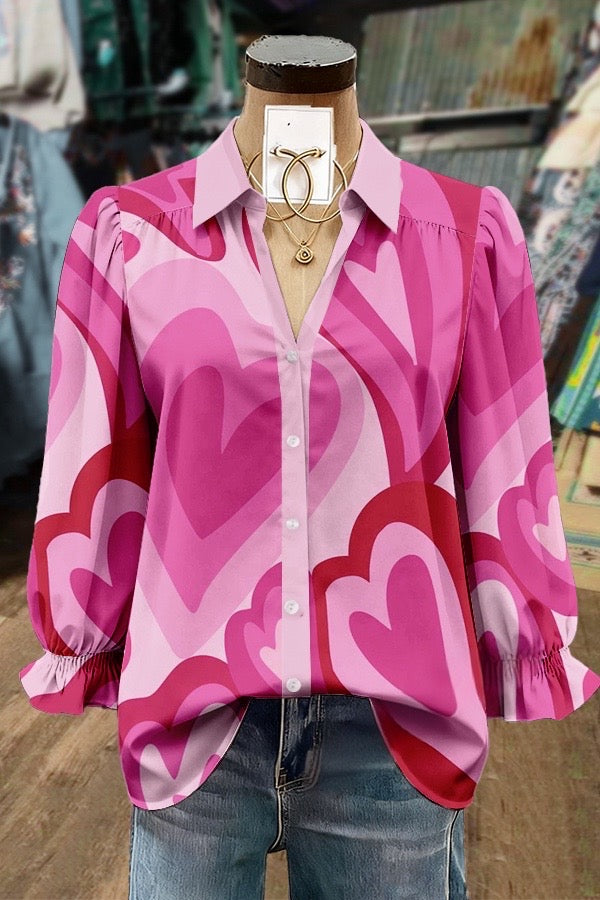 Colorful Heart Print Collared Puff Sleeve Valentine's Day Blouse