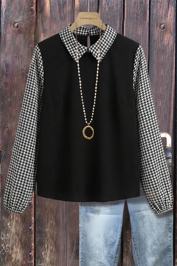 Casual Houndstooth Print Peter Pan Collor Long Sleeve Blouse