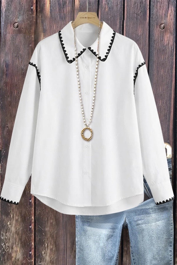 Casual Embroidered Trim Long Sleeve Blouse
