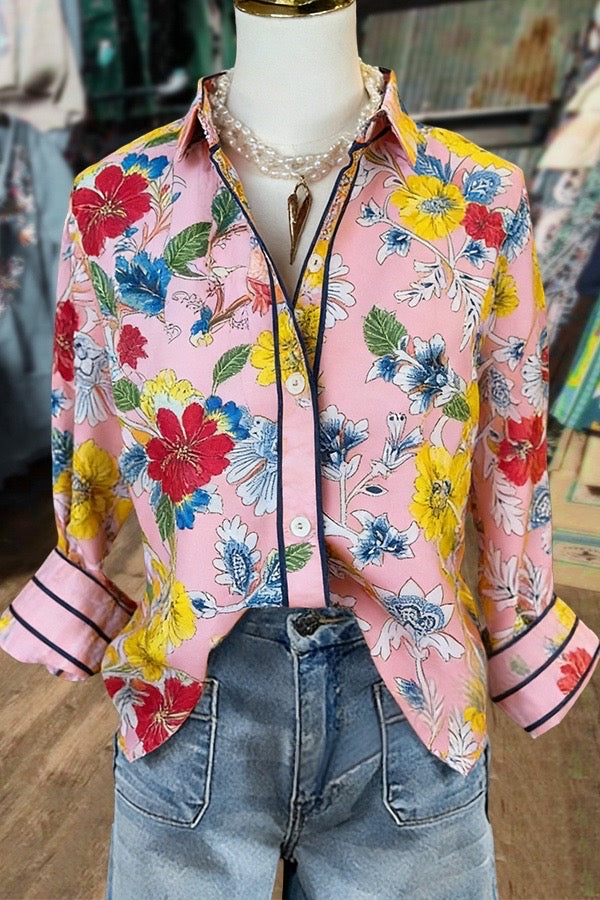 Boho Floral Print Roll Up Sleeve Blouse