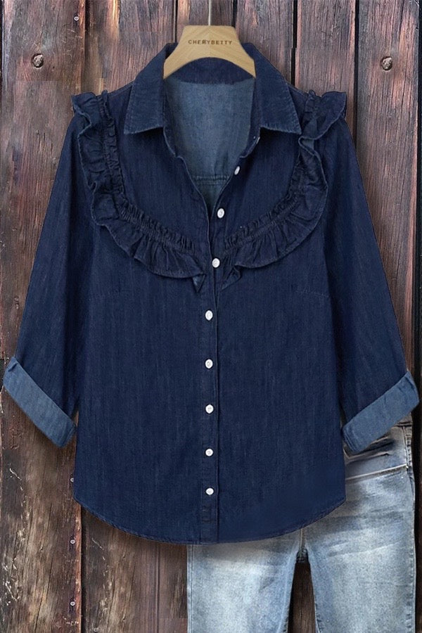 Solid Button Up Ruffled Long Sleeve Denim Blouse