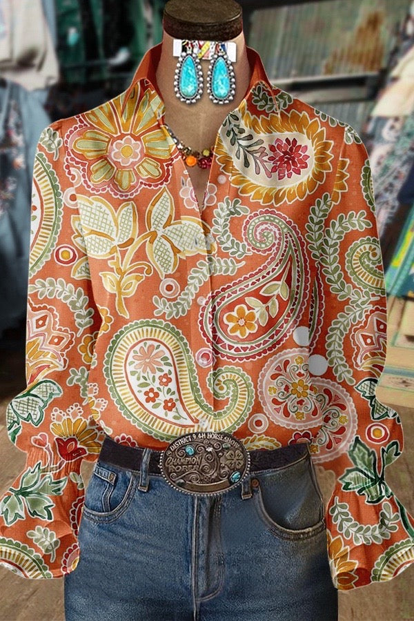 Colorful Floral Paisley Print Collard Flared Cuffs Blouse