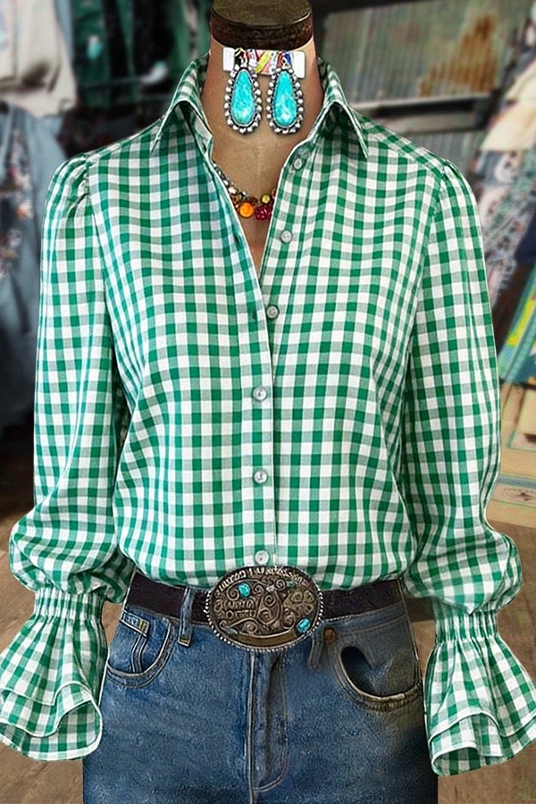 Plaid Collard Flared Cuffs Blouse