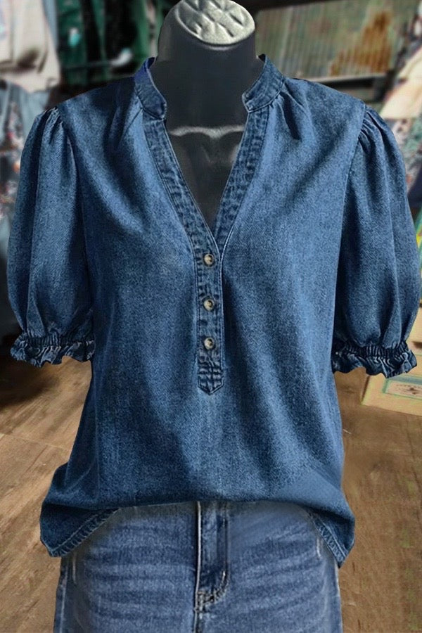 Solid V-Neck Puff Sleeve Denim Top