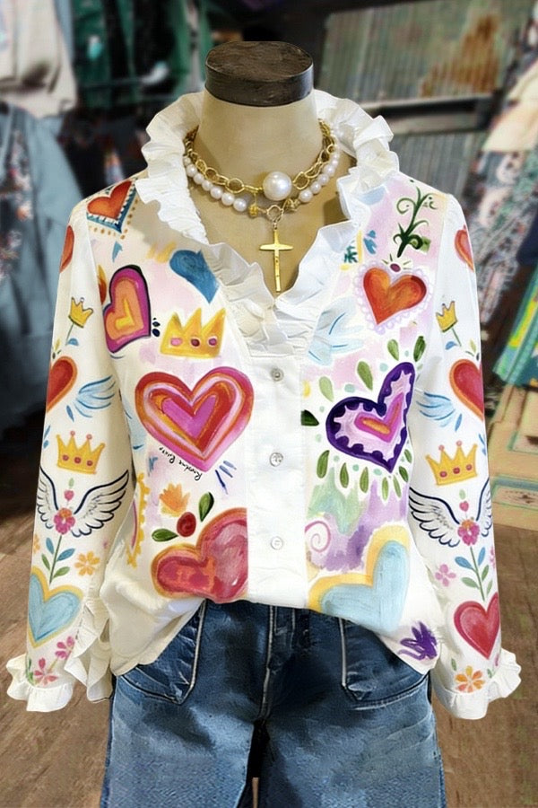 Colorful Art Heart Print Ruffle Neck Blouse