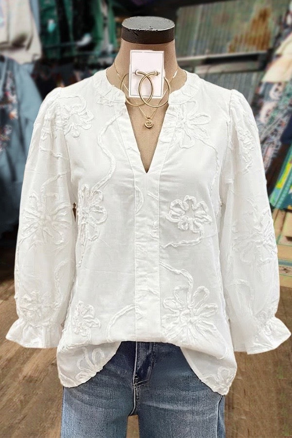 Solid V-Neck Flower Embroidered Puff Sleeve Blouse