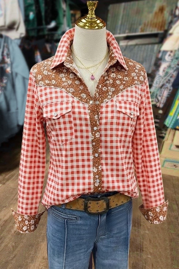 Daisy Print Plaid Long Sleeve Pearl Snap Shirt