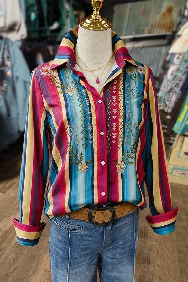 Colorful Striped Flower Embroidered Long Sleeve Blouse