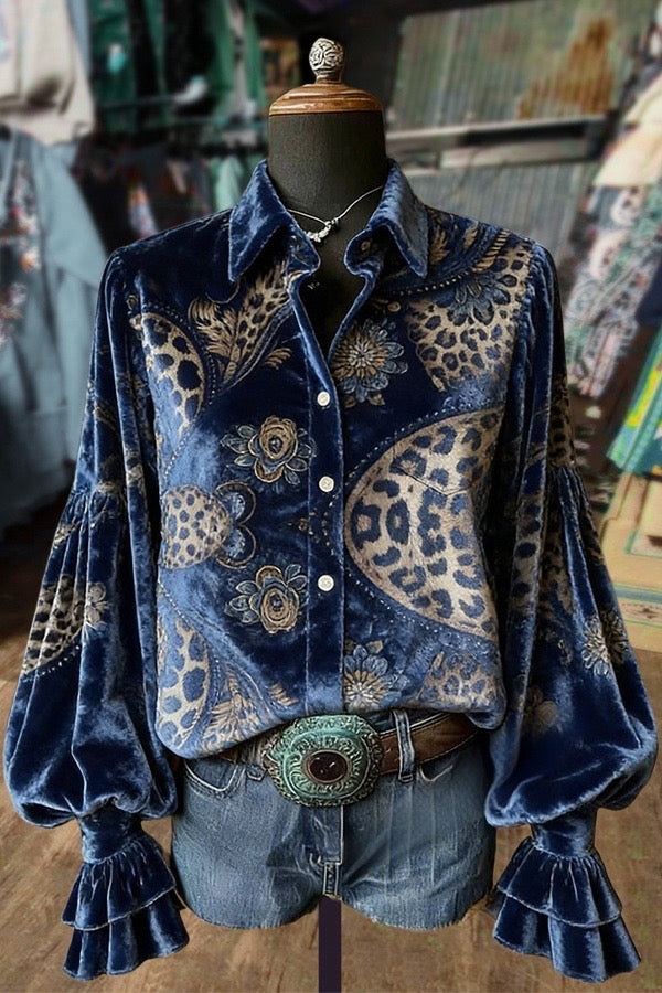 Leopard Paisley Print Balloon Sleeve Velvet Top