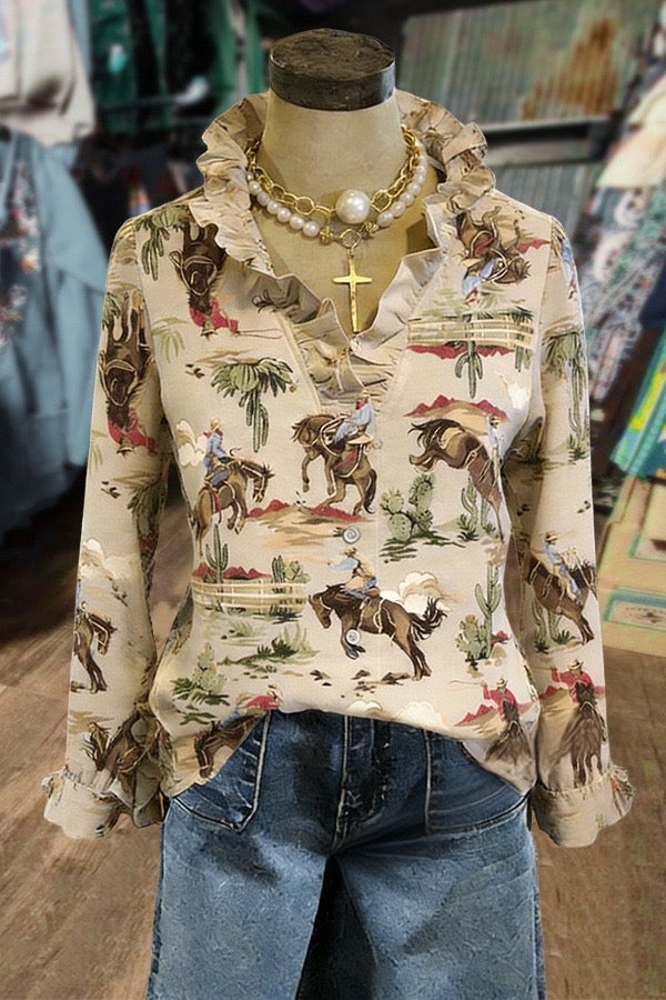 Rodeo Cowboy Print Ruffle Neck Blouse