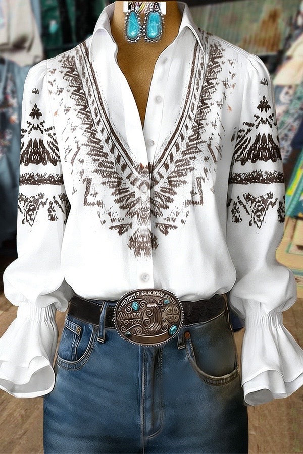 Vintage Ethnic Print Double Flared Cuffs Blouse