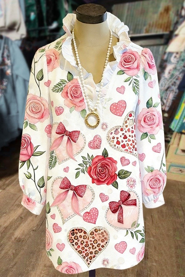 Sweet Floral Heart Print Ruffle Neck Long Sleeve Mini Dress