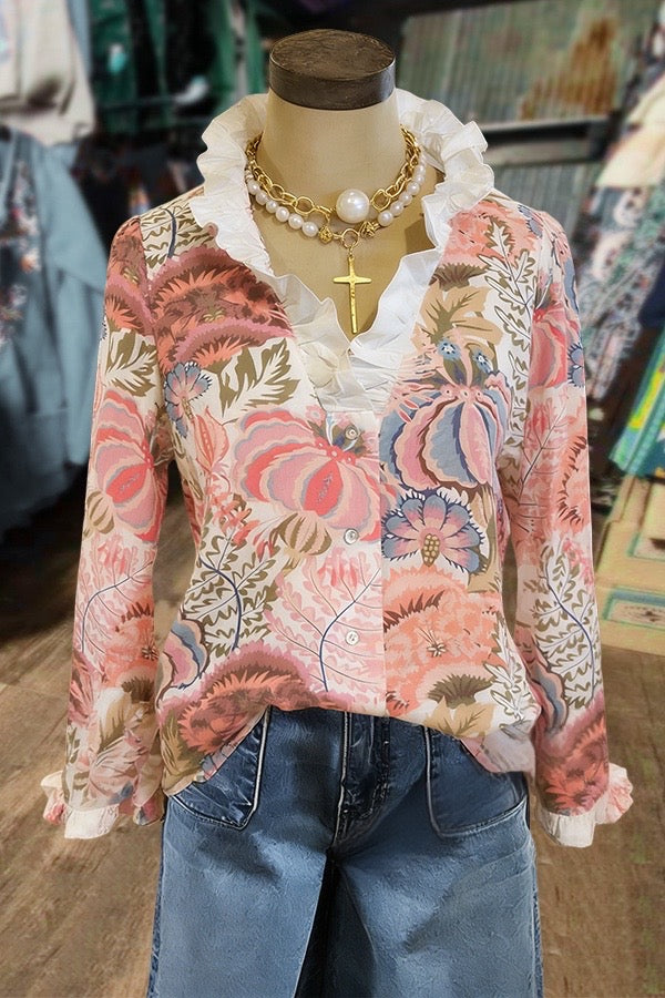 Vintage Floral Print Ruffle Neck Blouse