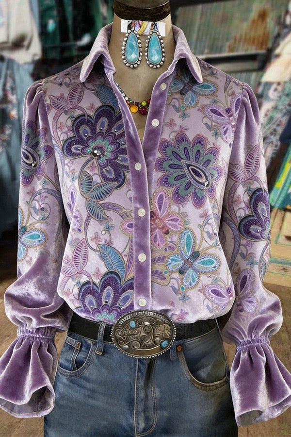 Vintage Floral Print Flared Cuffs Velvet Shirt