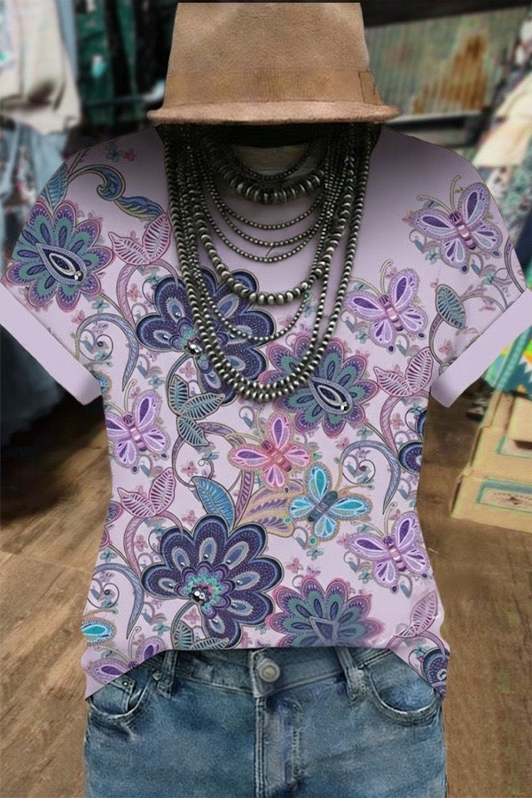 Vintage Floral Print Short Sleeve T-Shirt