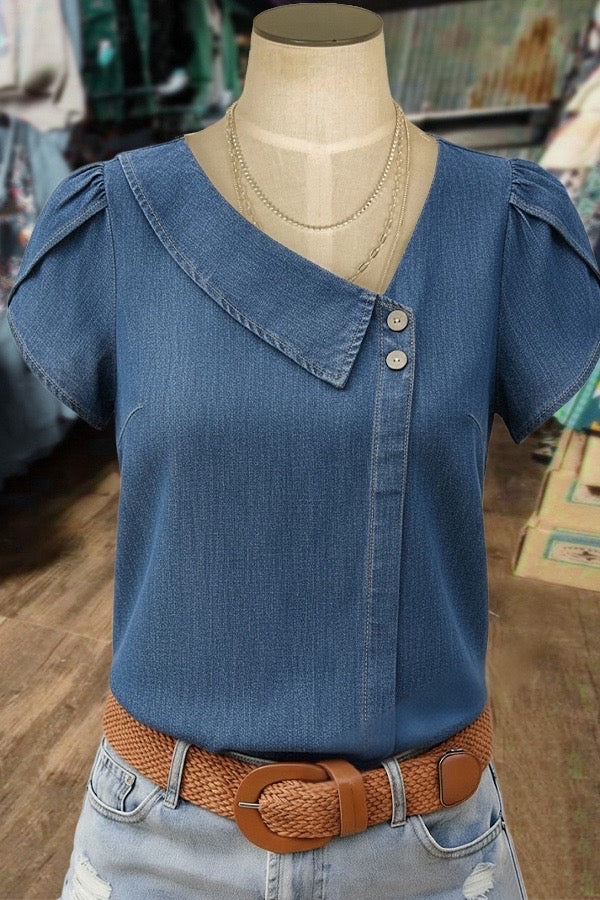 Denim Asymmetrical Neck Short Sleeve Top
