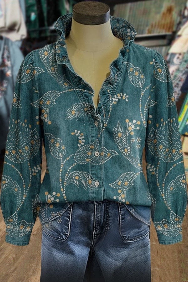 Vintage Floral Print Ruffle Neck Blouse