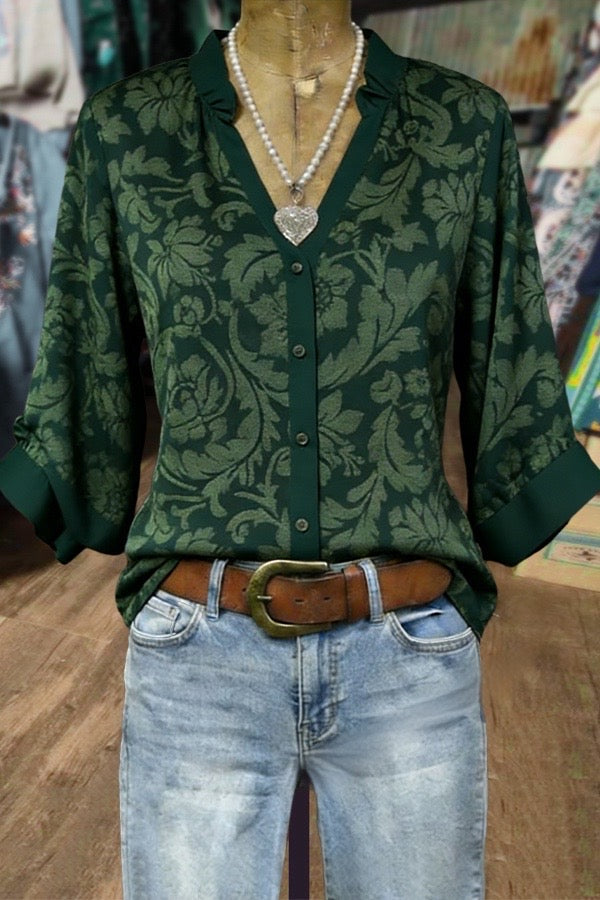 Vintage Floral Print Split Neck Three Quater Dolman Sleeves Blouse
