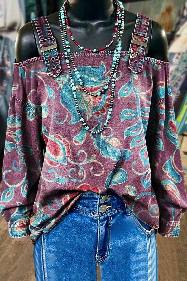 Vintage Floral Print Off Shoulder Long Sleeve Top