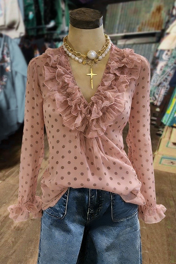 Polka Dot Ruffle Neck Long Sleeve Blouse