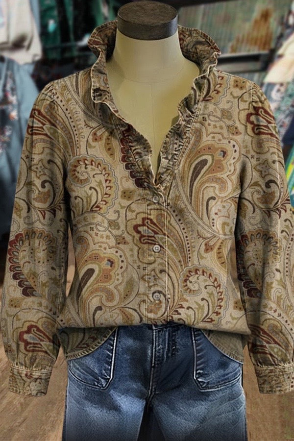 Retro Floral Print Ruffle Neck Blouse