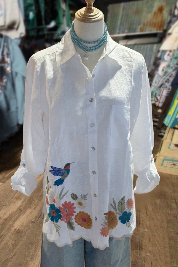 Chic Flower Embroidered Button Up Tab Sleeves Blouse