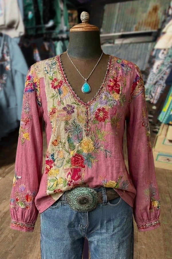 Vintage Flower Embroidered V-Neck Blouse