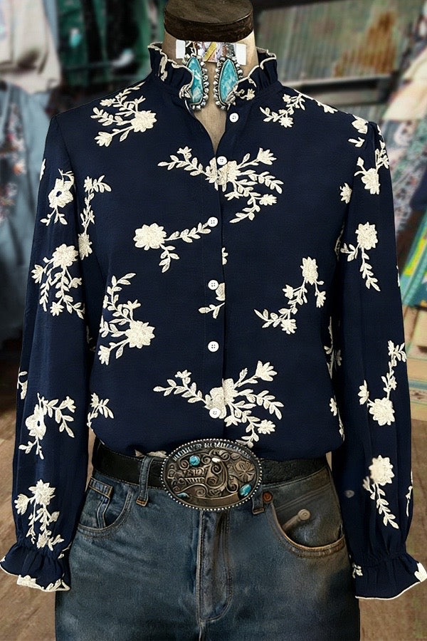 Elegant Flower Embroidered Ruffle Neck Long Sleeve Blouse