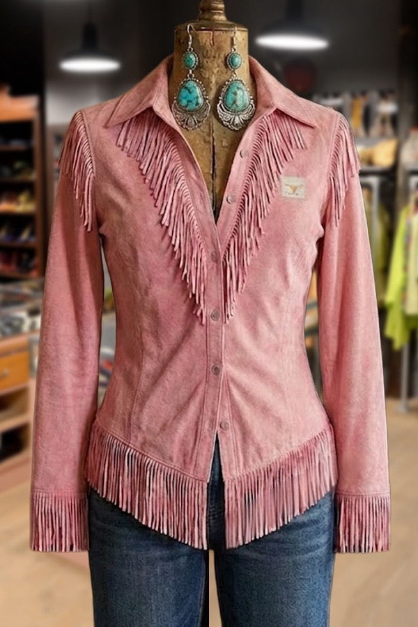 Western Tassel Design Long Sleeve Suede Shirt